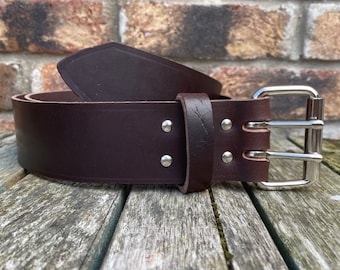 Bruin 2 Pronged Buffalo lederen handgemaakte gewone riem 3,5-4 mm dik volnerf 1 1/2 "(38 mm) of 2" (50 mm) breed leer