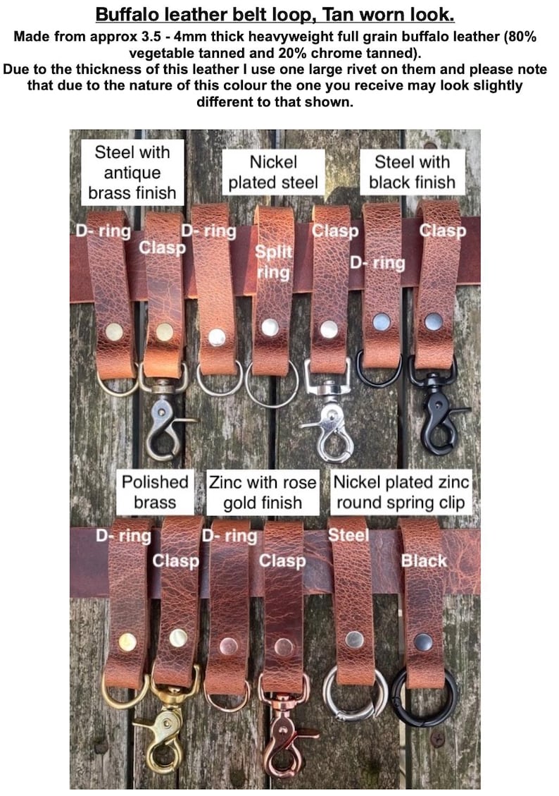 May include: A collection of tan buffalo leather belt loops featuring various metal hardware attachments including D-rings, clasps, split rings, and spring clips. The hardware finishes include antique brass, nickel, black, polished brass, and rose gold.