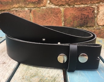 Black Leather Press Stud Snap Belt Choice of Widths 3/4" (19mm) - 2" (50mm) add your own buckle Handmade from leather whole butt splits