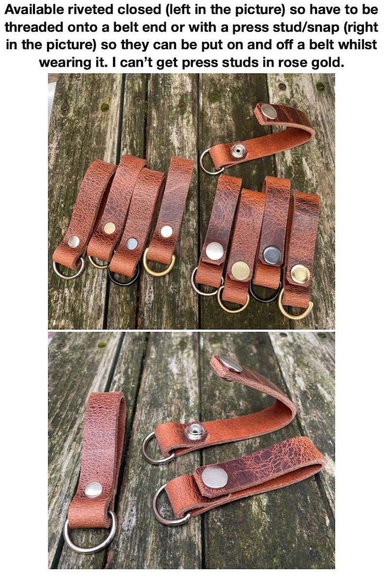 May include: A collection of brown leather belt loops featuring metal D-rings. Some loops are permanently closed with rivets, while others include metal press studs for opening and closing. The hardware comes in various metallic finishes.