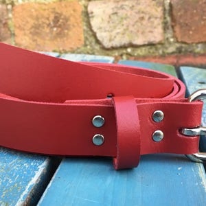 Red Real Leather Belt 3/4 19mm 1 1/2 38mm Choice of width, buckle, keeper loop & size Handmade from leather whole butt splits zdjęcie 5