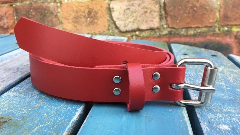 Red Real Leather Belt 3/4 19mm 1 1/2 38mm Choice of width, buckle, keeper loop & size Handmade from leather whole butt splits zdjęcie 5