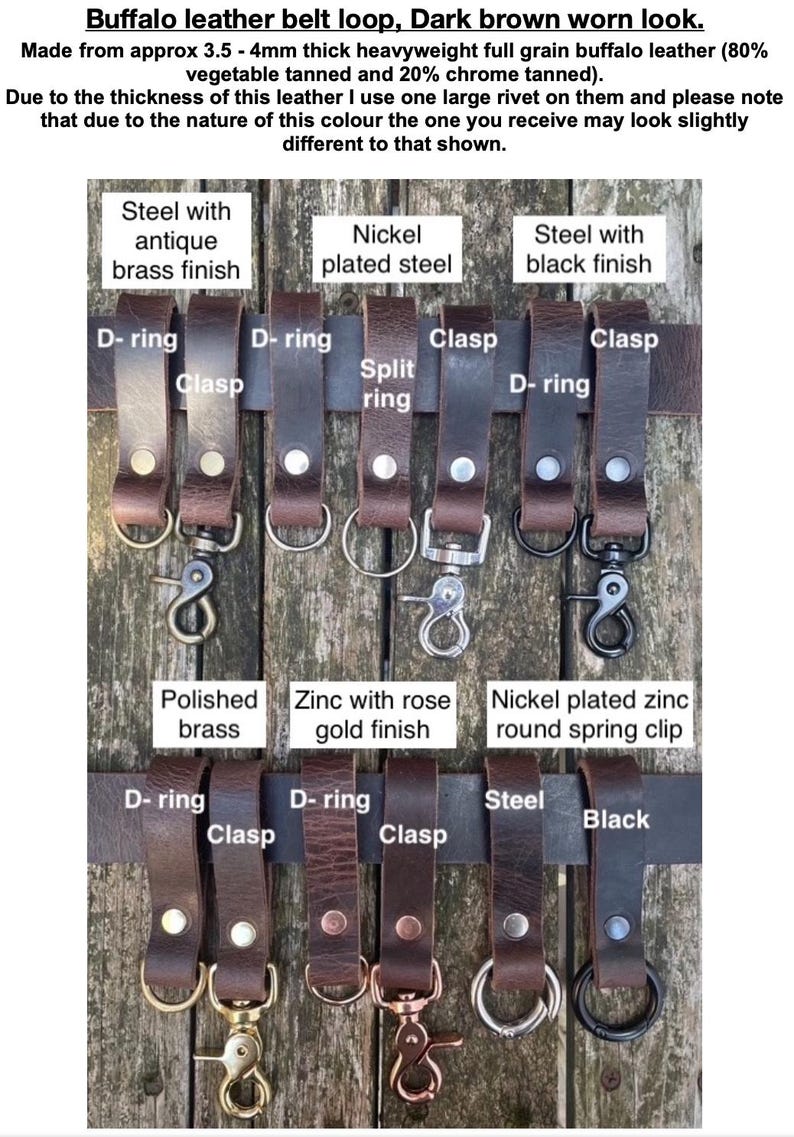 May include: A collection of dark brown buffalo leather belt loops featuring various metal hardware attachments including D-rings, clasps, split rings, and spring clips. The hardware finishes include antique brass, nickel, black, polished brass, and rose gold.