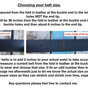 May include: A black leather belt with a silver metal buckle and two rivets. The image includes text explaining how to measure a belt from the fold at the buckle to the middle of the buckle holes, rather than to the end tip of the belt.