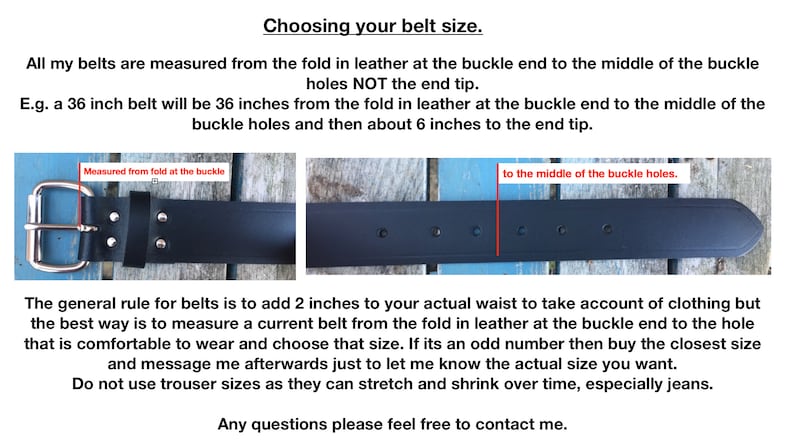 May include: A black leather belt with a silver metal buckle and two rivets. The image includes text explaining how to measure a belt from the fold at the buckle to the middle of the buckle holes, rather than to the end tip of the belt.
