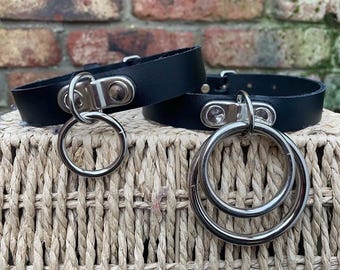Real leather D & o-ring choker necklace approx 19mm wide choice of 13 colours 12.5-15.5 inches or custom size handmade collar goth punk