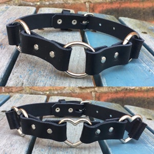 Real Leather Triple O or Heart Ring Choker Necklace Choice of Colours Handmade Goth Punk