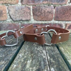 Real leather heart ring choker necklace 10mm or 19mm wide choice of 13 colours 12.5-15.5 inches or custom size handmade collar goth punk Chestnut brown