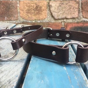 Real leather o-ring choker necklace 10mm or 19mm wide choice of 13 colours 12.5-15.5 inches or custom size handmade collar goth punk Dark Brown