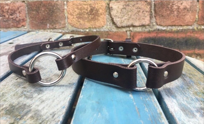 Real leather o-ring choker necklace 10mm or 19mm wide choice of 13 colours 12.5-15.5 inches or custom size handmade collar goth punk Dark Brown