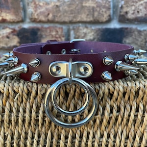 Real Leather Double Spiked D & O-Ring 1 inch wide Choker Necklace Choice of Colours Ring Size and Spikes Hand Made Goth Punk zdjęcie 10