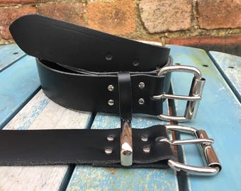 Ceinture en cuir véritable noir 3/4" (19mm) - 1 1/2" (38mm) Choix de largeur, boucle, boucle de maintien et taille Faite à la main à partir de bouts entiers en cuir