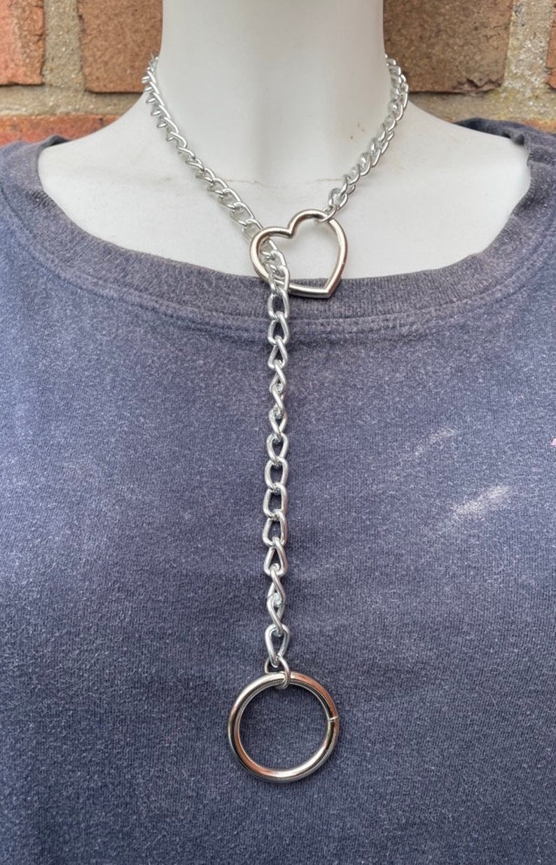 Slip Chain Choker Halskette mit Herz, Katze oder O-ring Handmade Goth Punk 1 Heart & 1 O-ring