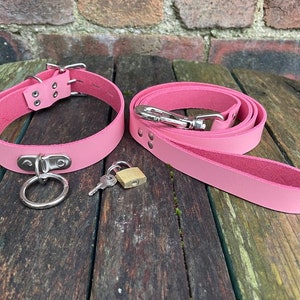 Leather D & O-Ring Lockable 1 wide Choker and Padlock with or without 3/4 wide Leash Necklace Choice of Colours Hand Made Real Leather Pink