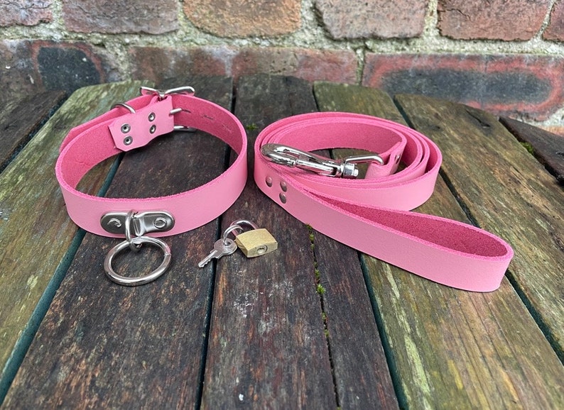 Leather D & O-Ring Lockable 1 wide Choker and Padlock with or without 3/4 wide Leash Necklace Choice of Colours Hand Made Real Leather Pink