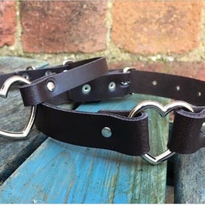 Real leather heart ring choker necklace 10mm or 19mm wide choice of 13 colours 12.5-15.5 inches or custom size handmade collar goth punk Dark Brown