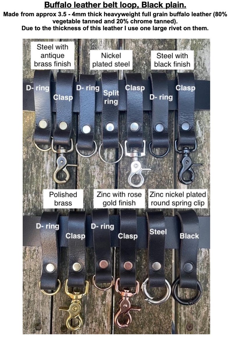 May include: Black buffalo leather belt loops, 3.5-4mm thick, secured with a single large rivet. Features various metal hardware attachments including D-rings, clasps, split rings, and spring clips in antique brass, nickel, black, and rose gold finishes.