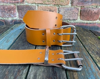 London Tan Leather Double Prong Belt 1 1/2" (38mm) or 2" (50mm) Wide Handmade 100% Real Leather Choice of Keeper Loop 2 Prong Buckle