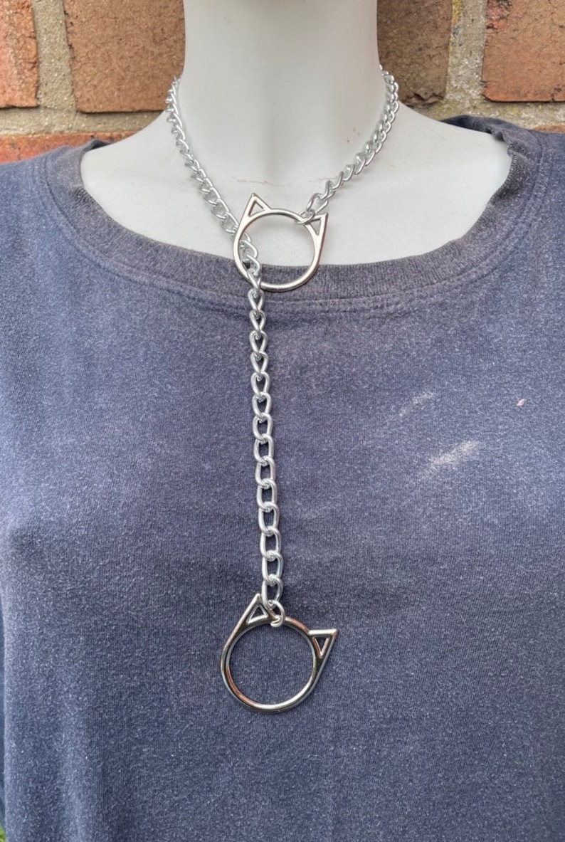 Slip Chain Choker Halskette mit Herz, Katze oder O-ring Handmade Goth Punk 2 Cat head rings