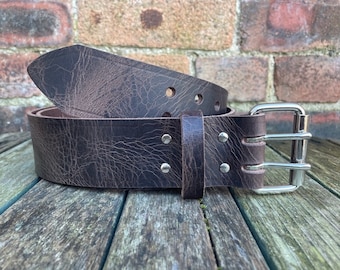 Dark Brown 2 Pronged Buffalo Leather Distressed Worn Look Handmade Belt 3.5-4mm Thick Full Grain 1 1/2&quot; (38mm) or 2&quot; (50mm) Wide Leather