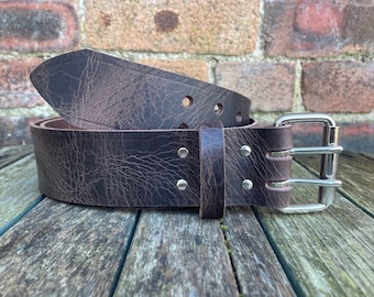 Dark Brown 2 Pronged Buffalo Leather Distressed Worn Look Handmade Belt 3.5-4mm Thick Full Grain 1 1/2" (38mm) or 2" (50mm) Wide Leather