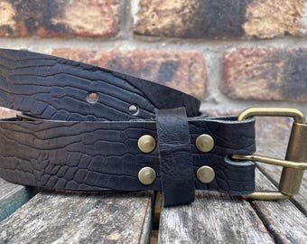 Black Crocodile Skin Look Buffalo Real Leather Belt With  display picture 1
