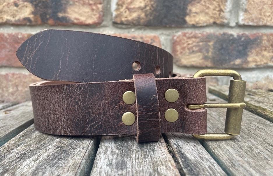 Dk Brown Buffalo Worn Look Leather with Antique Brass Look Buckle Handmade Belt 3.5-4mm thick, choice of widths 3/4"-2"  Full Grain Leather