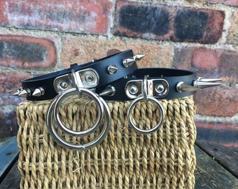 Real Leather Spiked D & O-Ring Choker Necklace Choice of Colours Ring Size and Spikes Hand Made Goth Punk