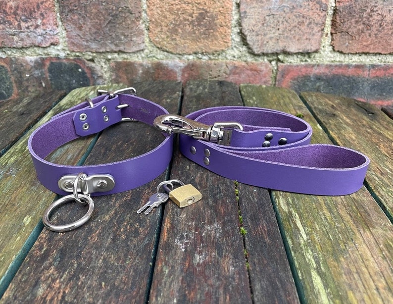 Leather D & O-Ring Lockable 1 wide Choker and Padlock with or without 3/4 wide Leash Necklace Choice of Colours Hand Made Real Leather Purple