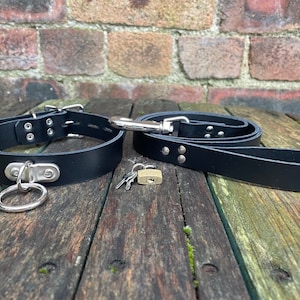 Leather D & O-Ring Lockable 1 wide Choker and Padlock with or without 3/4 wide Leash Necklace Choice of Colours Hand Made Real Leather Black