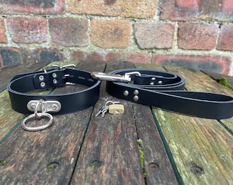 Leather D & O-Ring Lockable 1" wide Choker and Padlock with or without 3/4" wide Leash Necklace Choice of Colours Hand Made Real Leather