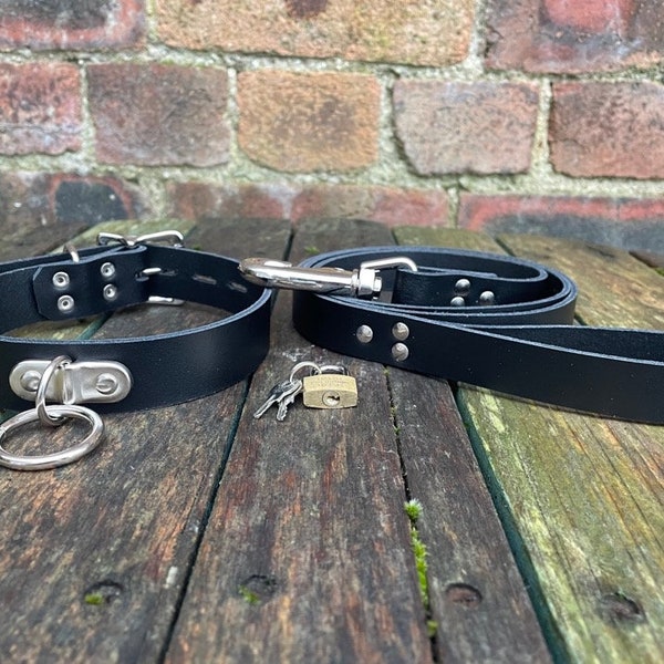 Leather D & O-Ring Lockable 1" wide Choker and Padlock with or without 3/4" wide Leash Necklace Choice of Colours Hand Made Real Leather