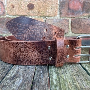 Tan 2 Pronged Buffalo Leather Distressed Worn Look Handmade Belt 3.5-4mm Thick Full Grain 1 1/2&quot; (38mm) or 2&quot; (50mm) Wide Leather