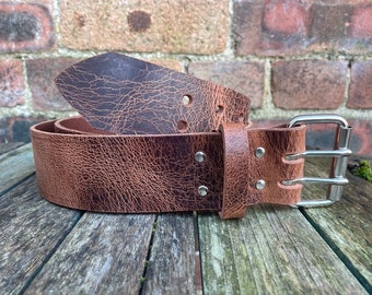 Tan 2 Pronged Buffalo Leather Distressed Worn Look Handmade Belt 3.5-4mm Thick Full Grain 1 1/2&quot; (38mm) or 2&quot; (50mm) Wide Leather