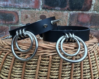 Leather Double O-Ring Choker Spiked or non spiked Necklace Choice of Colours Handmade Real Leather