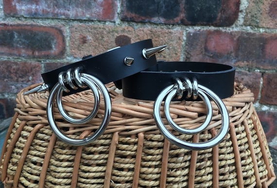 Leather Double O-Ring Choker Spiked or non spiked Necklace Choice of Colours Handmade Real Leather