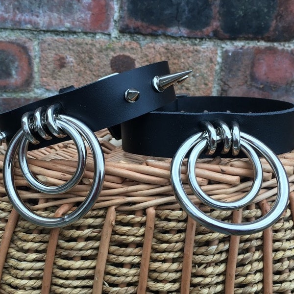 Leather Double O-Ring Choker Spiked or non spiked Necklace Choice of Colours Handmade Real Leather