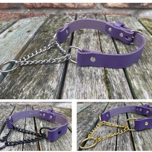 Real Leather Martingale Chain Choker Necklace Choice of Leather & Chain Colour Handmade Goth Punk Purple