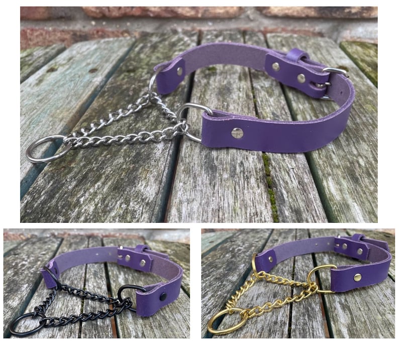 Real Leather Martingale Chain Choker Necklace Choice of Leather & Chain Colour Handmade Goth Punk Purple