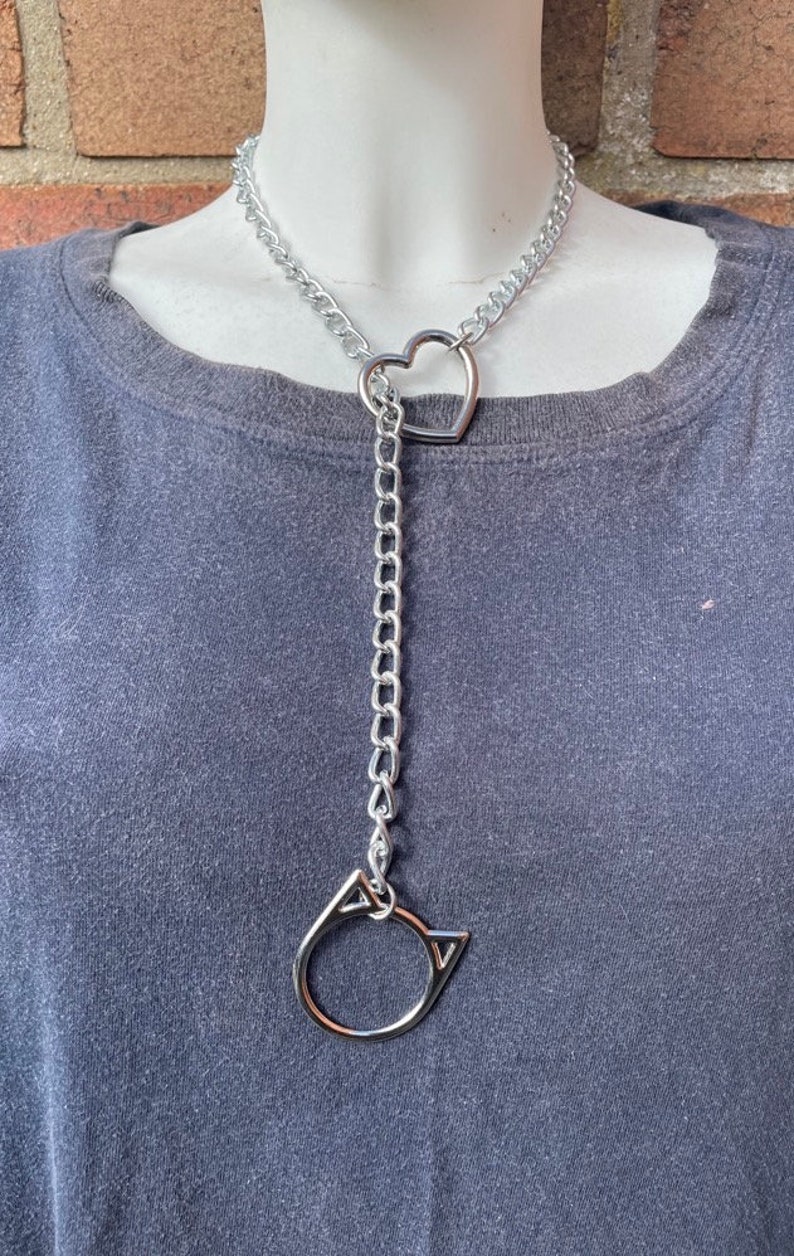 Slip Chain Choker Necklace with Heart, Cat or O-ring Handmade Goth Punk 1 Heart & 1 Cat ring