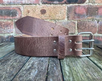 Cinturón hecho a mano de cuero de búfalo con 2 puntas, marrón claro, aspecto desgastado desgastado, 3,5-4 mm de grosor, grano completo, cuero de 1 1/2" (38 mm) o 2" (50 mm) de ancho