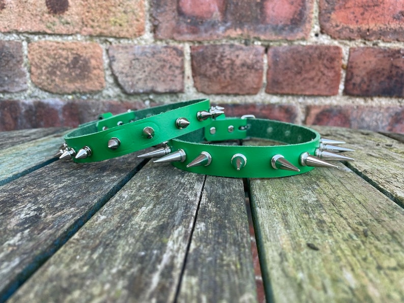 Real Leather Spiked Choker Necklace Choice of Colour and Spike Sizes Handmade Goth Punk Green