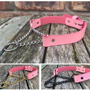 Real Leather Martingale Chain Choker Necklace Choice of Leather & Chain Colour Handmade Goth Punk Pink