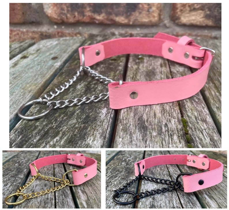 Real Leather Martingale Chain Choker Necklace Choice of Leather & Chain Colour Handmade Goth Punk Pink