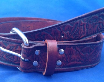 Natural Veg Tan Eagle Embossed Leather Belt Handmade Choice of Colours & Buckles Valencia Leather