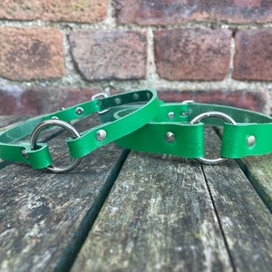 May include: Two green leather collars with silver metal rings and studs. The collars are on a wooden surface.