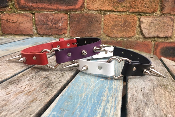 Real Leather Spiked Heart Ring Choker Necklace Choice of Colours