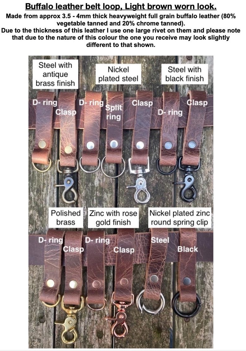 May include: A collection of light brown buffalo leather belt loops featuring various metal hardware attachments including D-rings, split rings, and clasps in antique brass, nickel-plated steel, black steel, polished brass, and rose gold finishes.