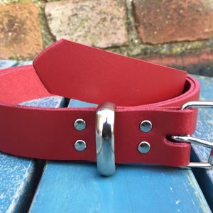 Red Real Leather Belt 3/4 19mm 1 1/2 38mm Choice of width, buckle, keeper loop & size Handmade from leather whole butt splits zdjęcie 4