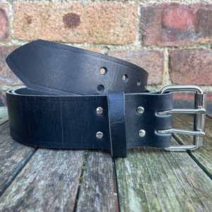 Black 2 Pronged Buffalo Leather Distressed Worn Look Handmade Belt 3.5-4mm Thick Full Grain 1 1/2&quot; (38mm) or 2&quot; (50mm) Wide Leather